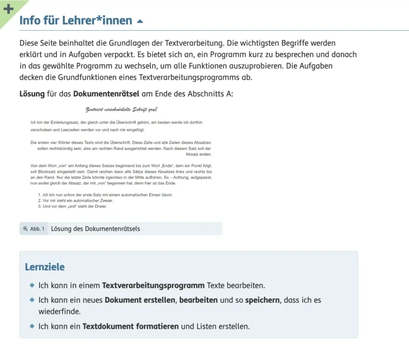 Lernziele im Lehrer-Informationsbereich