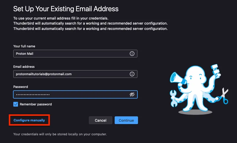Link "Manuell konfigurieren" in Thunderbird