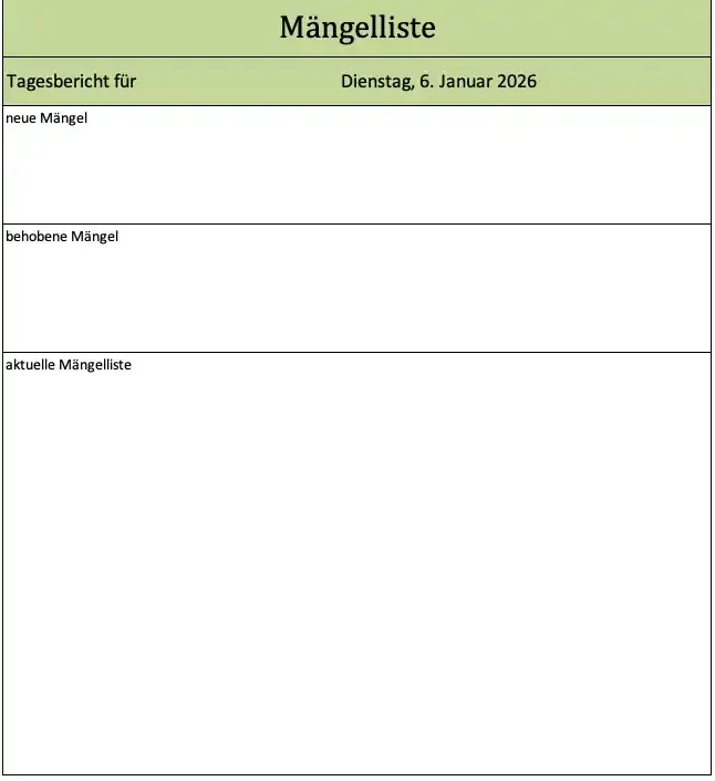 Mängelliste für das Bauprojekt