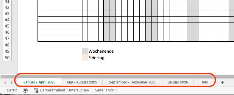 Monate über Arbeitsblätter in der Excelvorlage Urlaubsplaner 2025 erreichbar