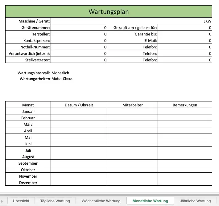 Monatlicher Wartungsplaner
