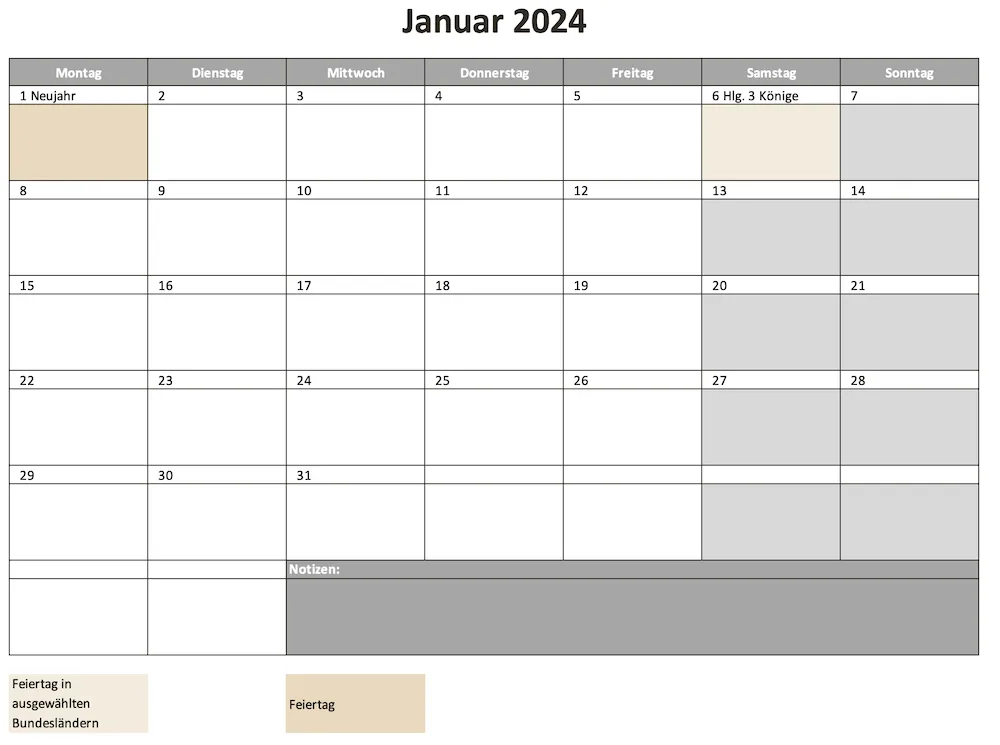 Monatskalender für 2024 mit Excel