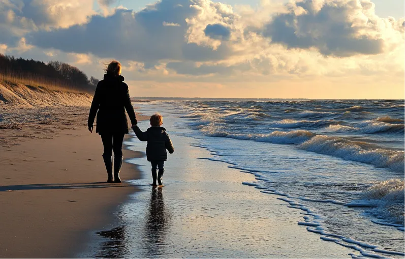 Mutter und Kind wandern an der Ostsee entlang während Kuraufenthalt