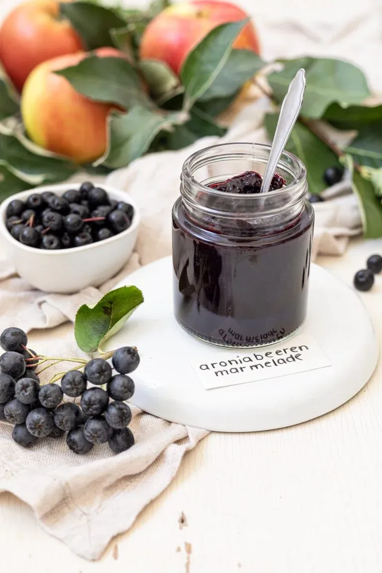 Nahaufnahme der fruchtigen Aronia-Apfel-Marmelade in einem Glas