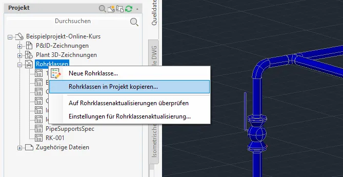 Neue Rohrklasse in bestehendes AutoCAD Plant 3D Projekt reinkopieren