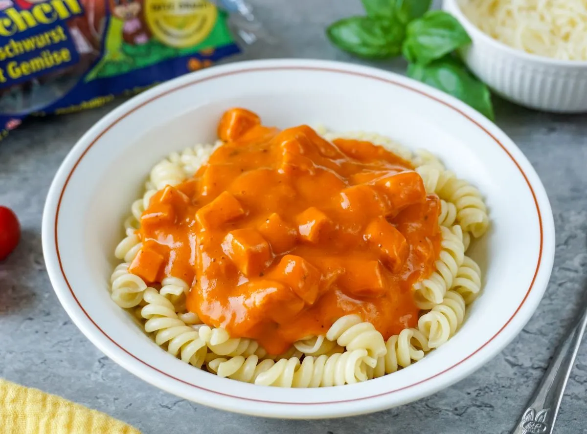 Nudeln mit Fleischwurst und Tomatensoße