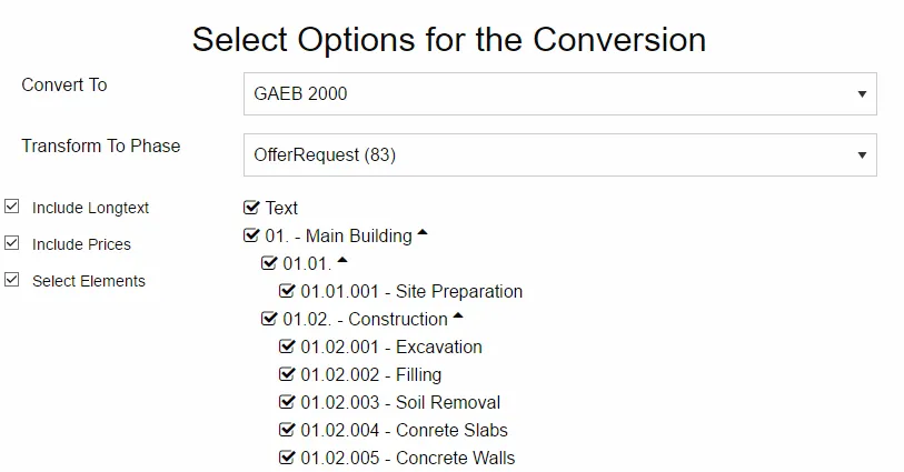 Optionen für den GAEB-Konverter
