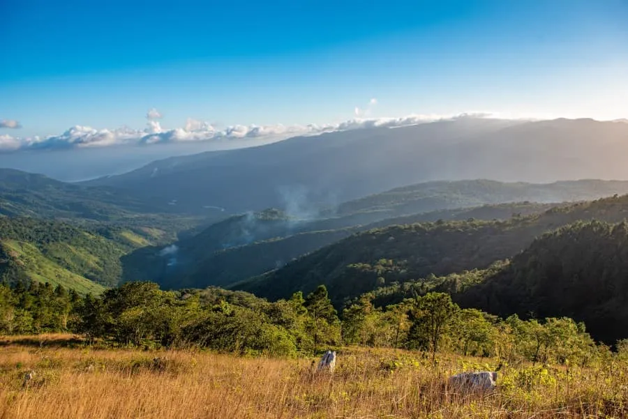 Panorama von Kaffeeplantagen in Barahona im Abendlicht, Dominikanische Republik Urlaub mit Blick auf bewaldete Hügel und Berge, blauer Himmel, vereinzelte Wolken.