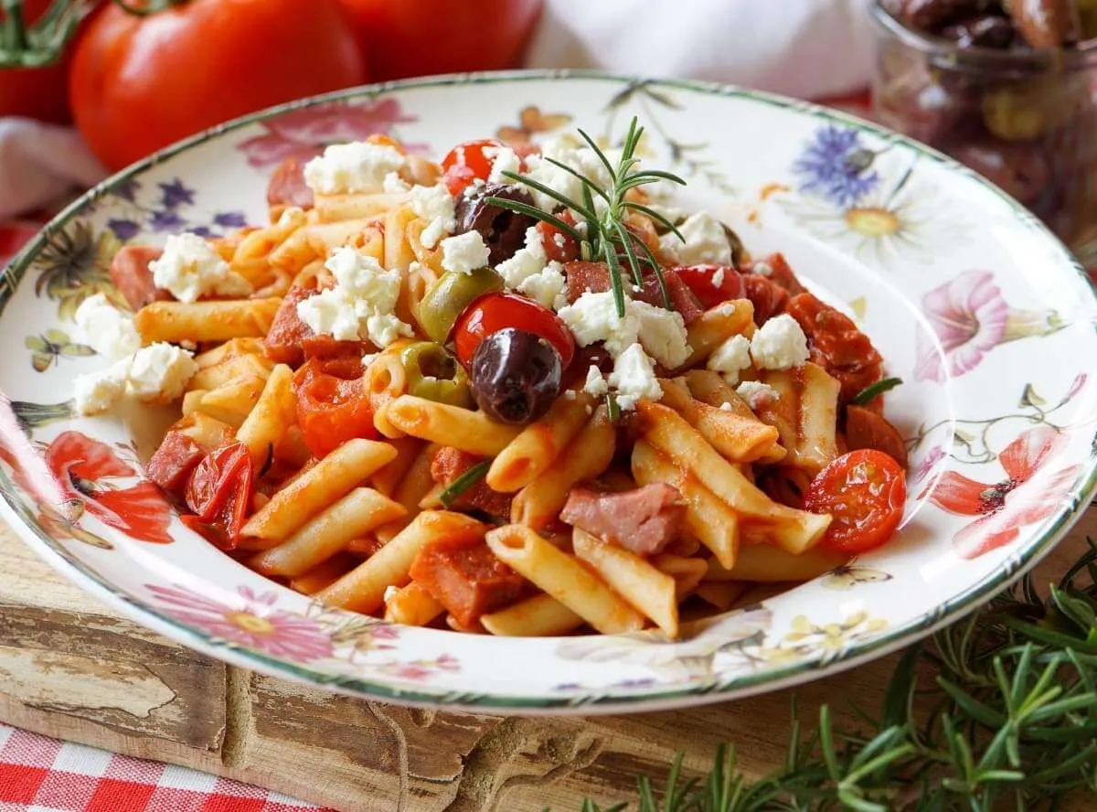 Provenzalische Nudelpfanne mit Cabanossi und Schafskäse