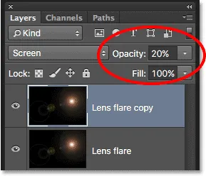 Reduzieren der Deckkraft der Ebene "Lens flare copy".