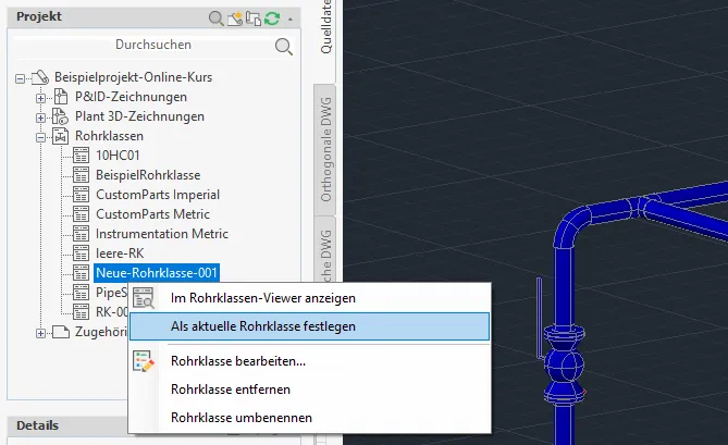 Rohrklasse im Plant 3D als aktuell festlegen