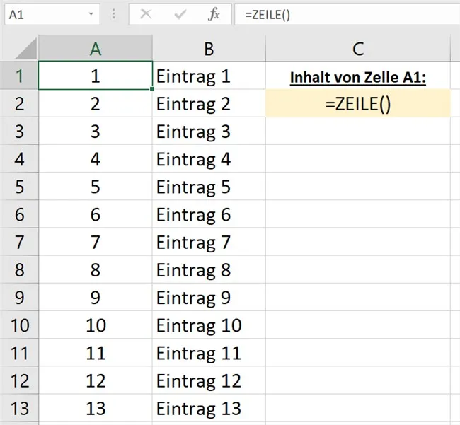 Screenshot der Anwendung der ZEILE-Funktion