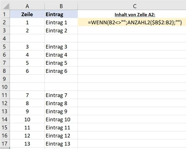 Screenshot der Anwendung von WENN und ANZAHL2 für dynamische Nummerierung