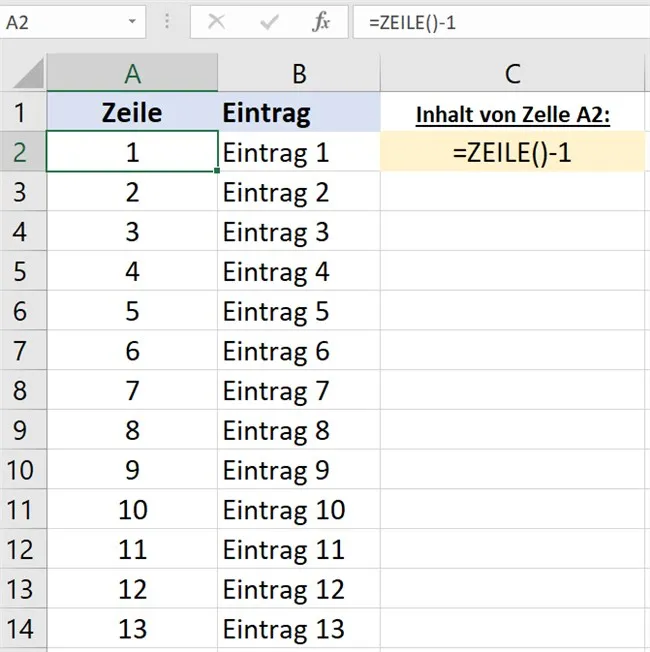 Screenshot, der die Anpassung der ZEILE-Funktion bei Überschriften zeigt