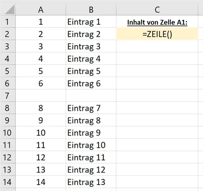 Screenshot, der die automatische Anpassung der Nummerierung nach dem Einfügen einer Zeile zeigt