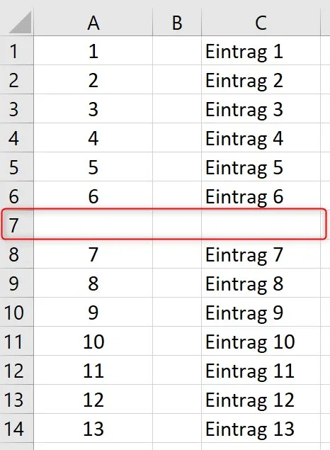 Screenshot, der zeigt, dass die Nummerierung nach dem Einfügen einer Zeile nicht aktualisiert wird