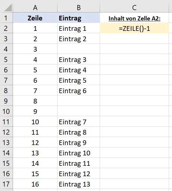 Screenshot, der zeigt, wie Leerzeilen in der Nummerierung berücksichtigt werden