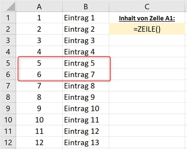Screenshot, der zeigt, wie sich die Nummerierung nach dem Löschen einer Zeile anpasst