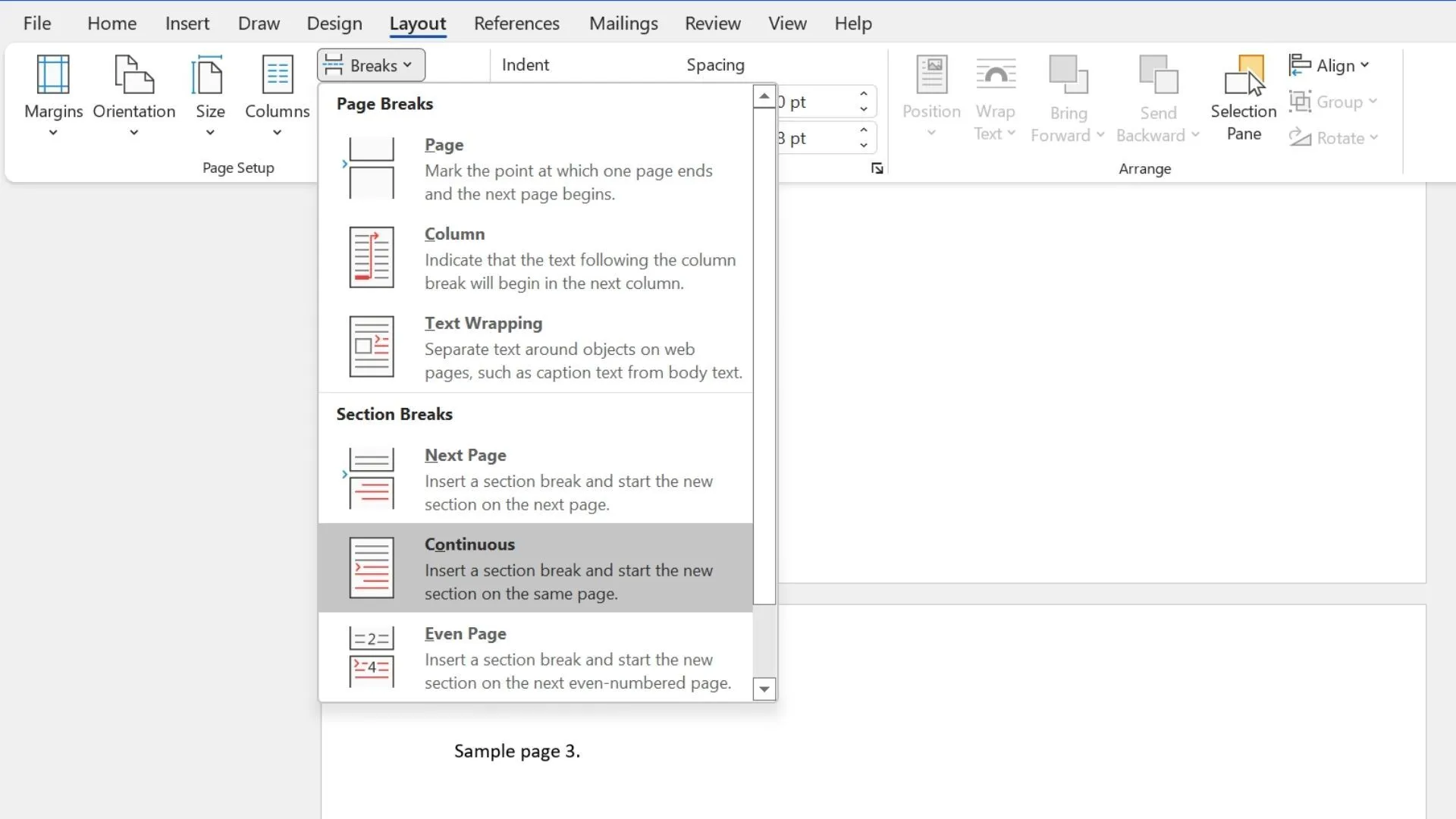 Screenshot des Menüs zur Seitenumbruchformatierung in Word