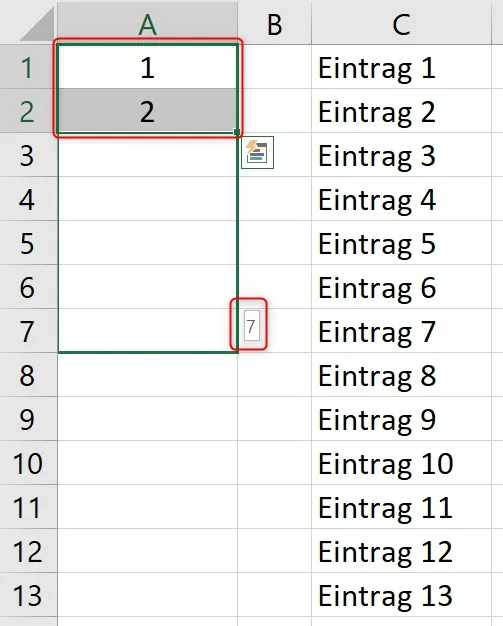 Screenshot einer einfachen fortlaufenden Nummerierung in Excel