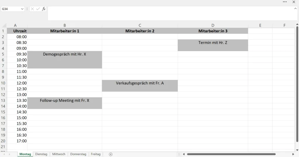 Screenshot einer Excel-Terminplaner-Vorlage, Beispiel Tagesplaner