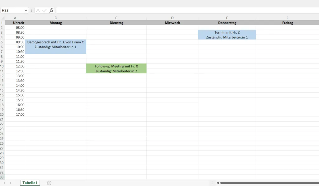 Screenshot einer Excel-Terminplaner-Vorlage, Beispiel Wochenplaner