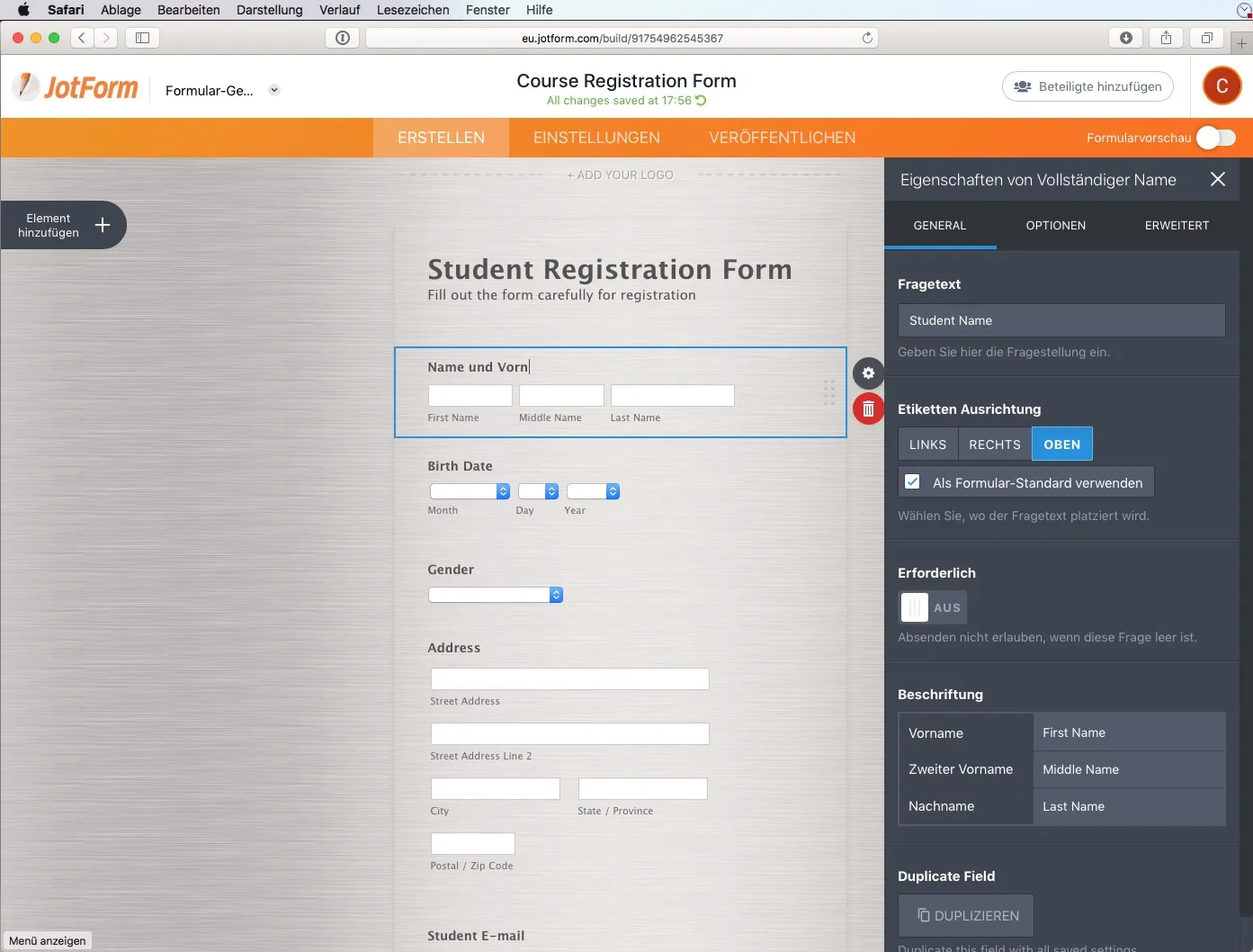 Screenshot einer JotForm-Oberfläche, die ein „Studentenregistrierungsformular“ anzeigt. Das Formular enthält Felder für Vorname, Nachname, Geburtsdatum, Geschlecht und Adresse. Eine Seitenleiste auf der rechten Seite zeigt Formulareinstellungen und -eigenschaften auf Deutsch, um ganz einfach ein PDF-Formular zu erstellen.