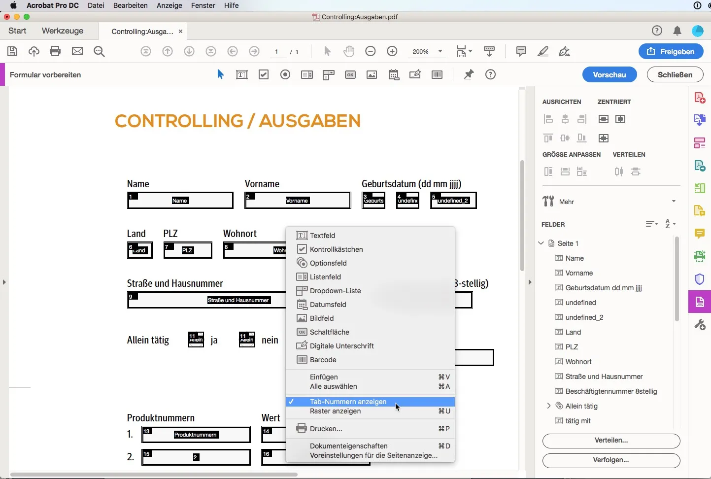 Screenshot eines PDF-Formulars mit dem Titel „Controlling / Ausgaben“ mit Feldern für persönliche Informationen. Ein Rechtsklickmenü bietet Optionen wie „Werkzeugleiste“, wobei „Feldnummer einblenden“ hervorgehoben ist, und zeigt, wie man mühelos ein PDF-Formular auf Deutsch erstellt.