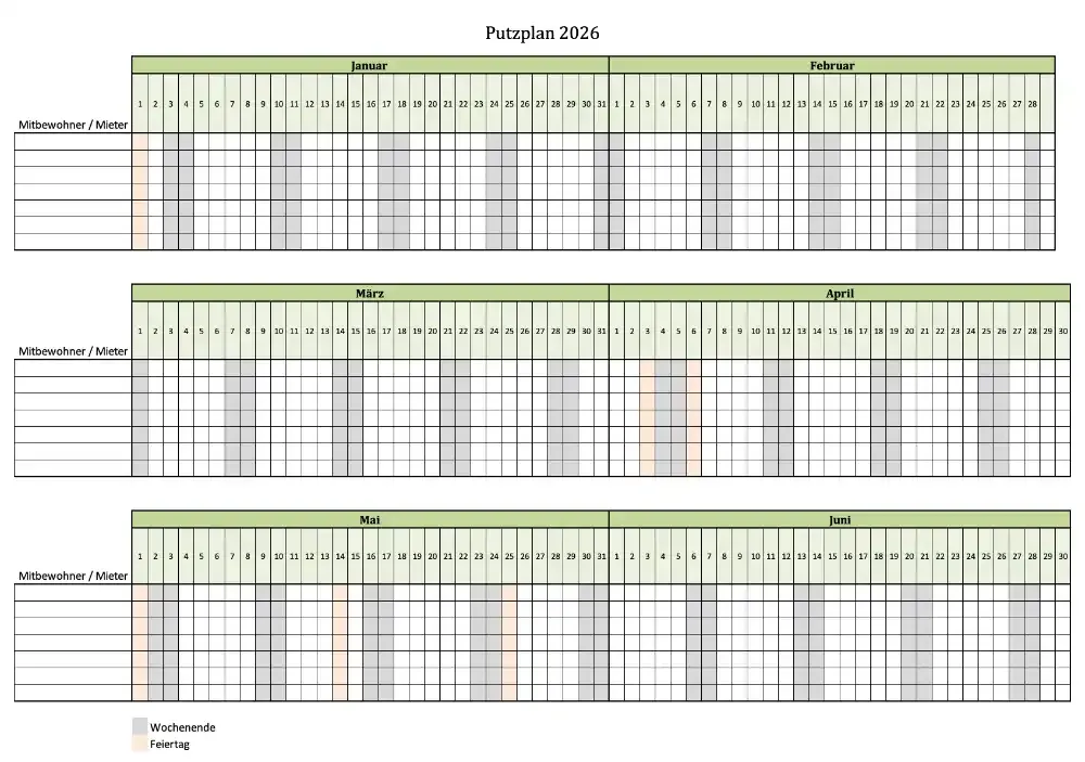 Screenshot vom Putzplan 2026 als Excel-Vorlage