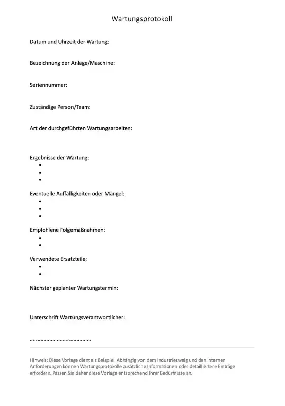 Screenshot vom Wartungsprotokoll in Word