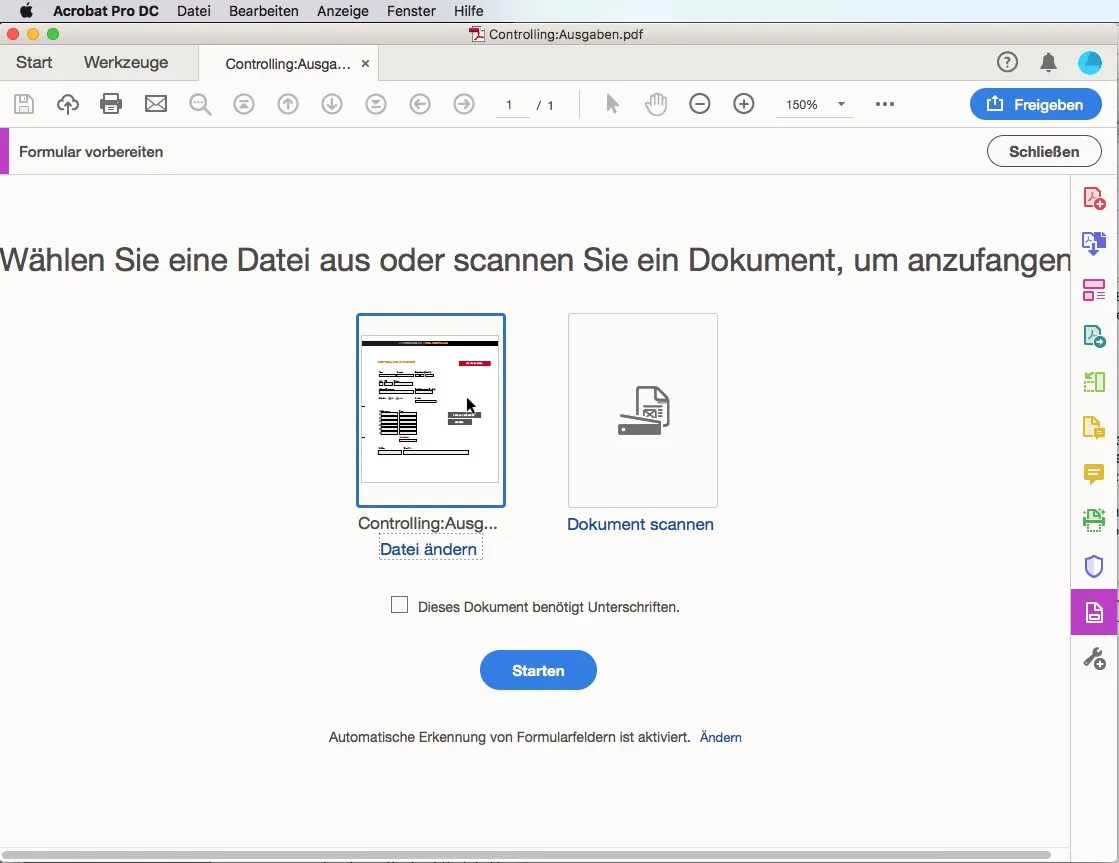 Screenshot von Adobe Acrobat Pro DC mit Optionen zum Auswählen oder Scannen eines Dokuments, darunter ein Symbol für „Datei ändern“ und ein weiteres für „Dokument scannen“. Unten befindet sich eine blaue Schaltfläche „Starten“, ideal für diejenigen, die ein PDF-Formular erstellen möchten.