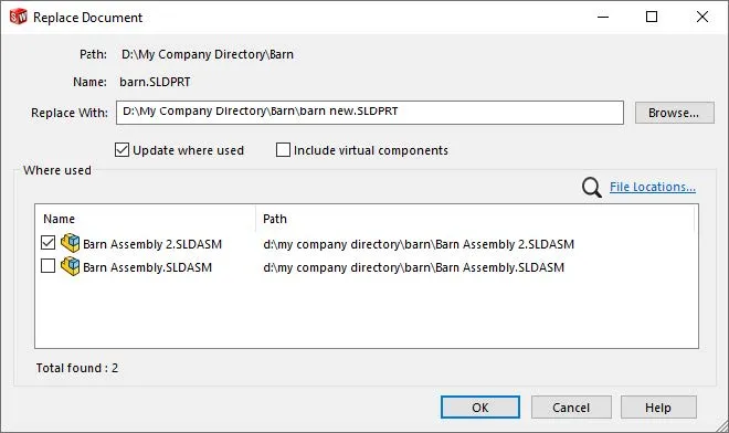 SOLIDWORKS Dateimanager Menü Dokument ersetzen