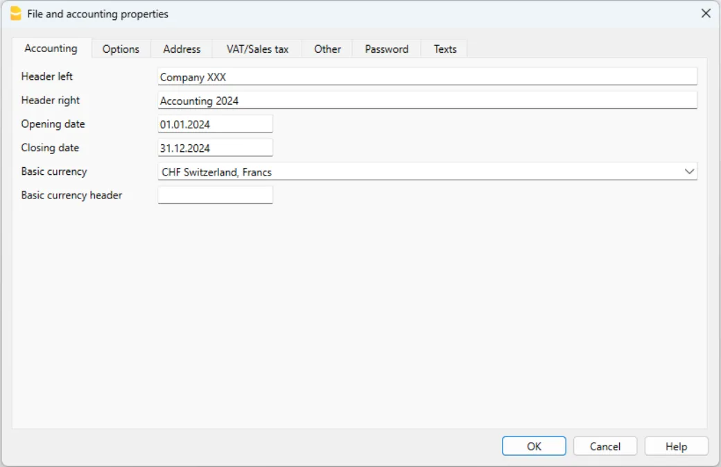 Stammdaten für neue doppelte Buchhaltungsdatei
