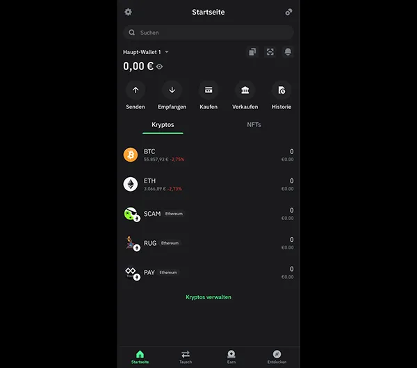 Startseite in der Trust Wallet App.