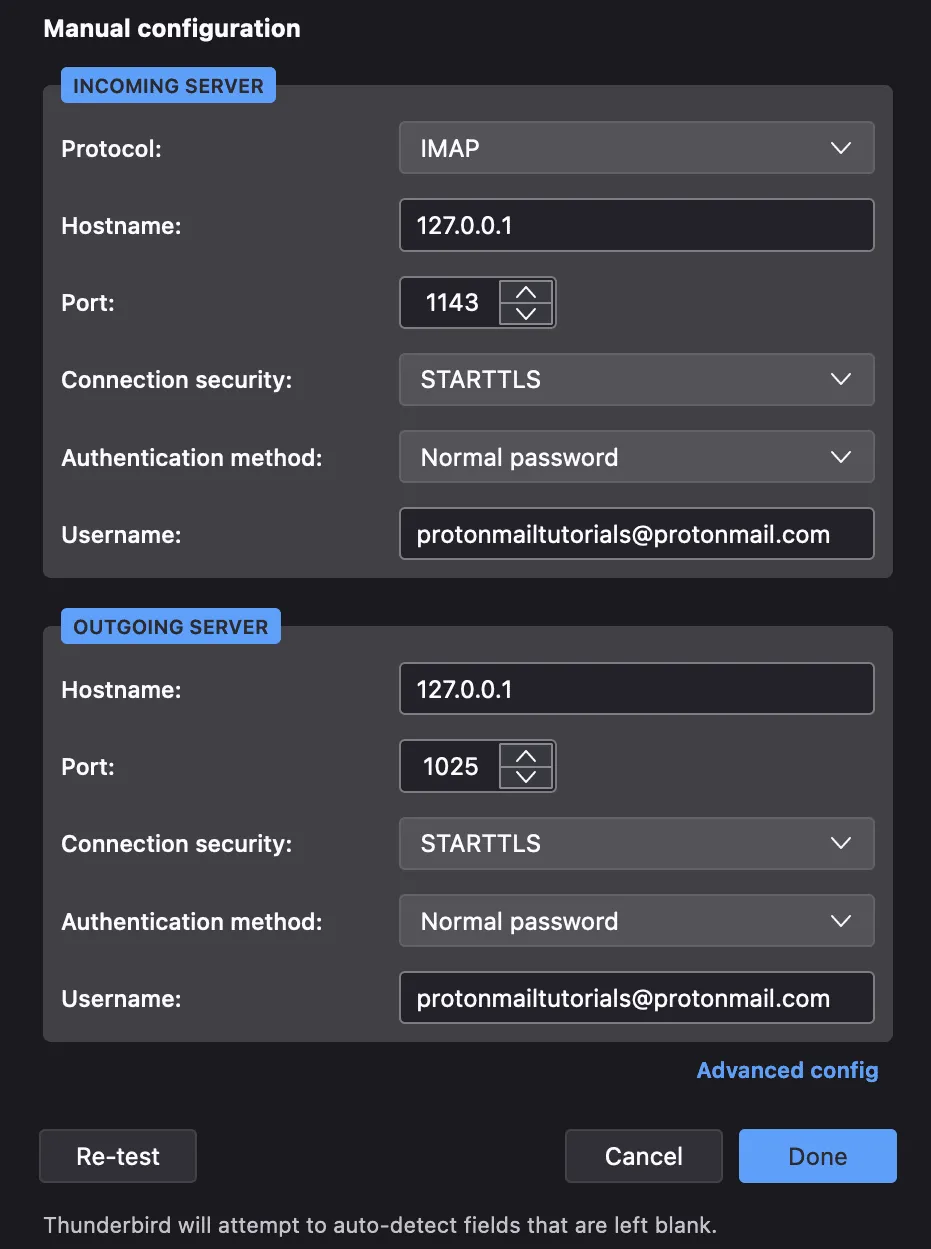 Thunderbird-Bildschirm für erweiterte Einrichtung zur Konfiguration einer benutzerdefinierten Domain