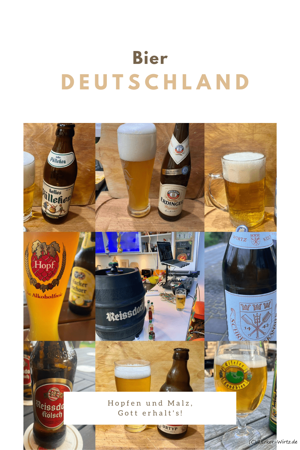 Eine Collage der typischsten deutschen Biersorten wie Pils, Weizenbier, Alt und Kölsch, die die regionale Vielfalt der deutschen Biere zeigt.