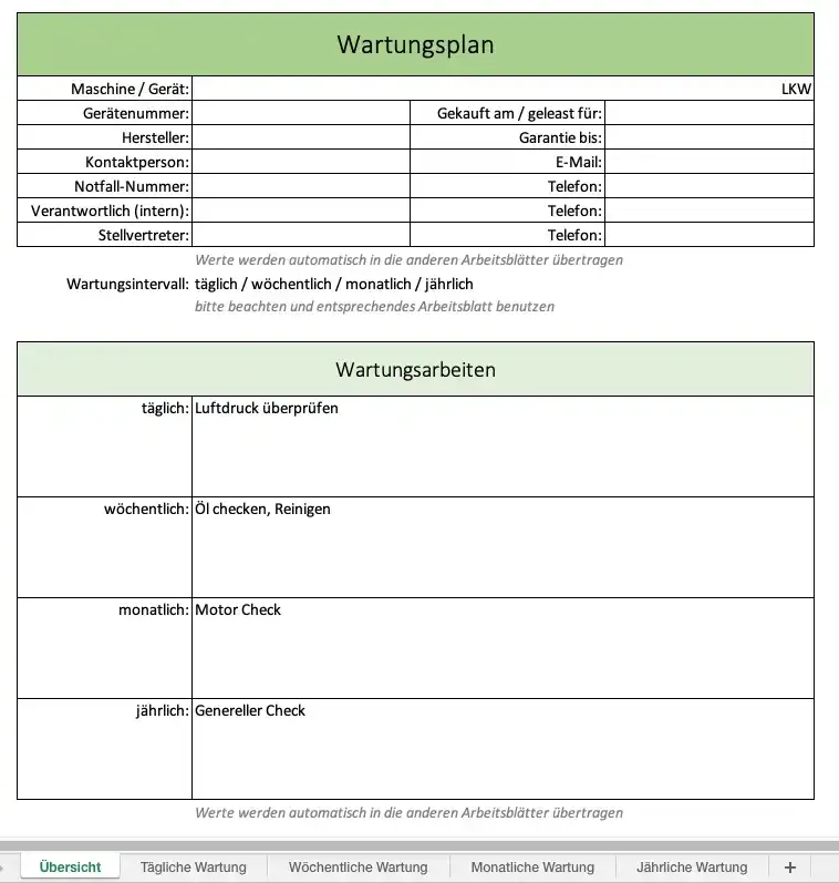 Übersicht des Wartungsplaners in Excel