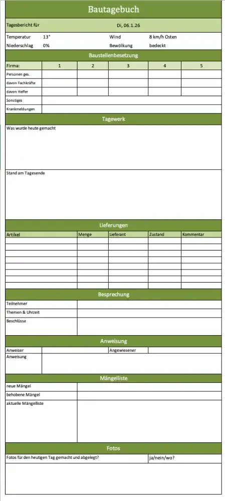 Umfassende Übersicht für einen Tag im Bauprojekt