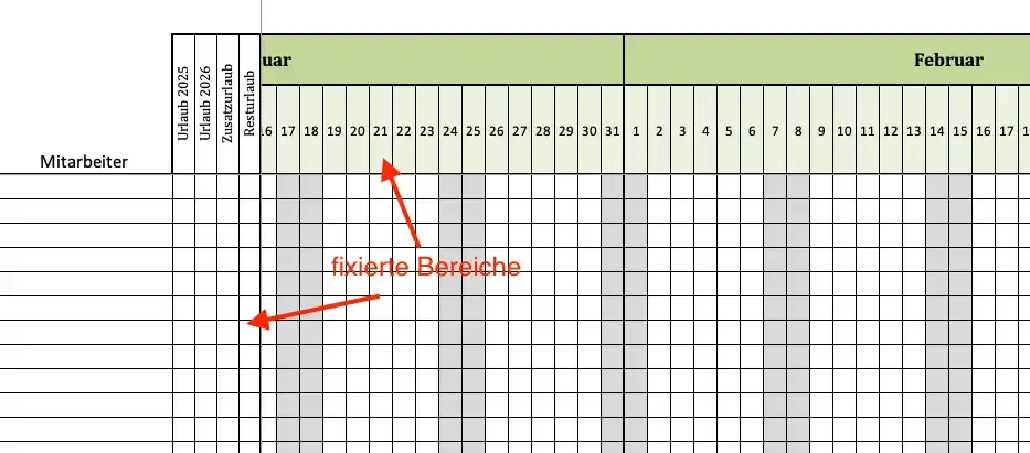 Urlaubsplaner für 60 Angestellte mit fixierten Bereichen für einen bessere Übersicht (Screenshot)