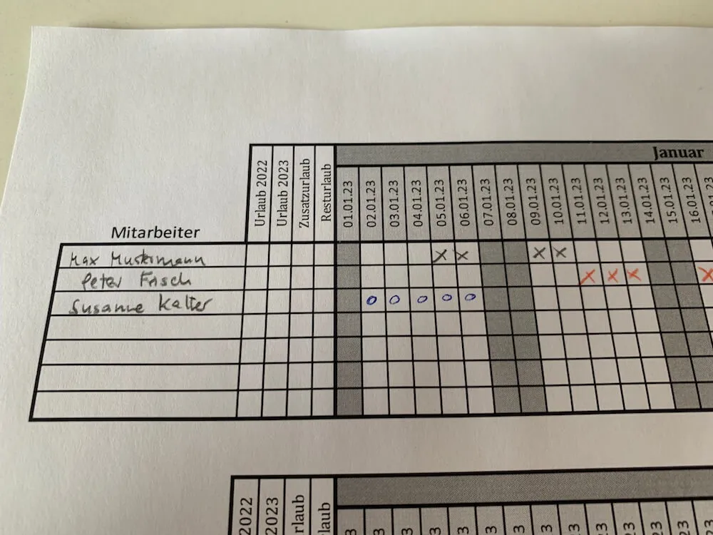 Verwendung des Ferienplaners in ausgedruckter Variante