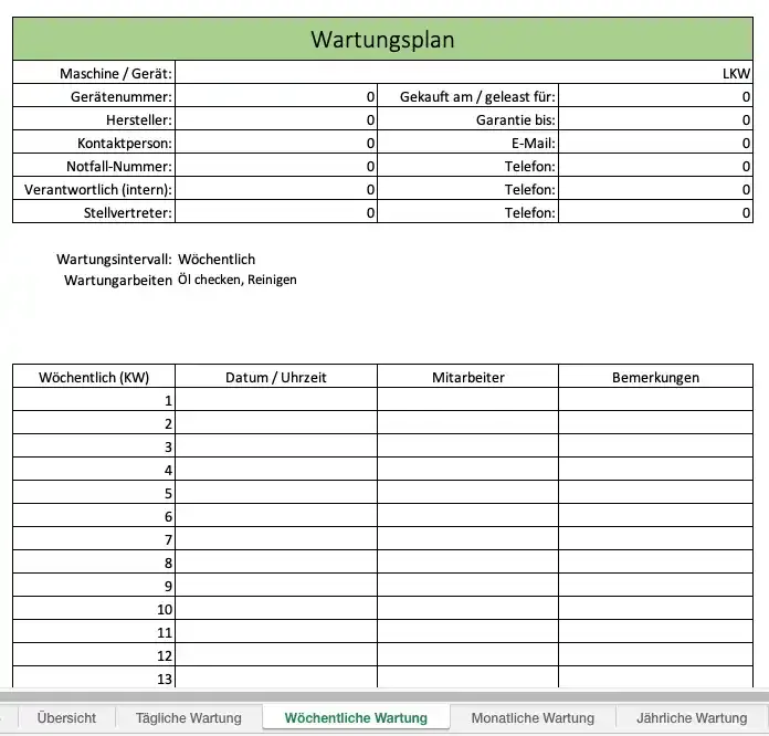 Wartungsintervall täglich mit Excel Wartungsplaner
