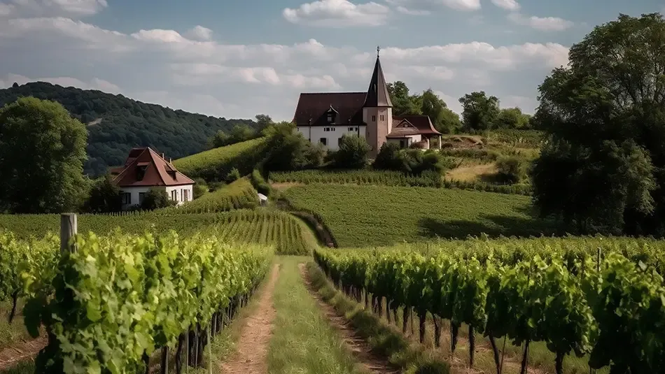 Weinlandschaft in Deutschland mit Weinreben und Gebäuden