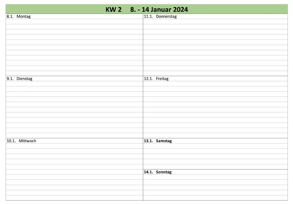 Wochenkalender 2024 mit Excel
