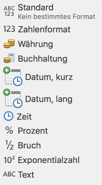 Zahlen formatieren in Excel, Auswahlliste