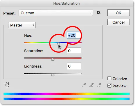 Ziehen des Farbtone-Schiebereglers, um die Farben im Lens Flare anzupassen.