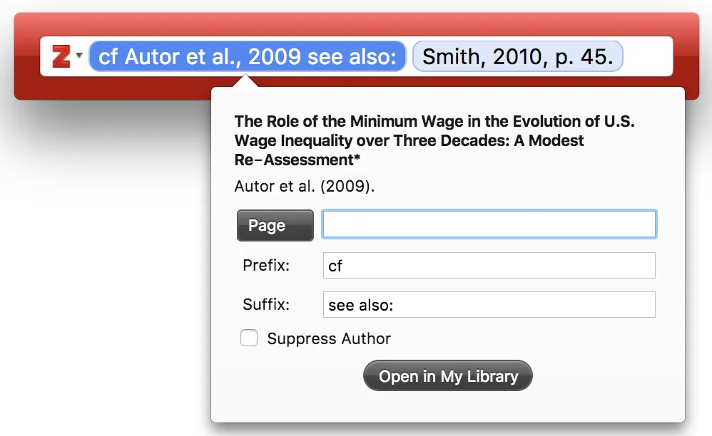 Zitationsdialog mit Affixen