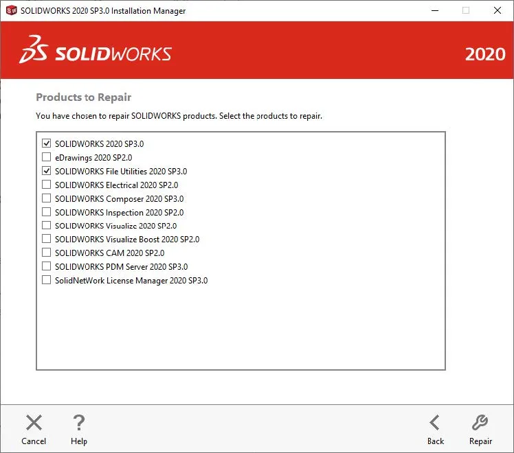 Zu reparierende SOLIDWORKS 2020 Produkte