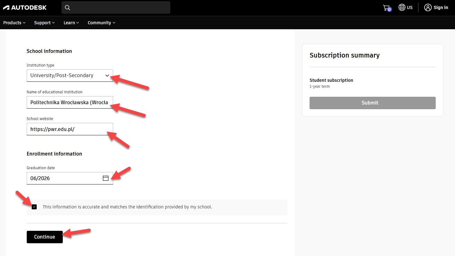 Zusätzliche Informationen und geplantes Abschlussdatum für den Erhalt von AutoCAD für Studenten