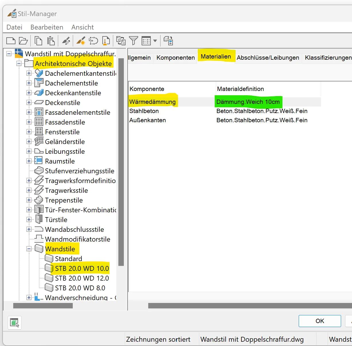 Zuweisung von Materialdefinitionen zu Wandstilen